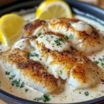 Baked Cod With Creamy Garlic Sauce & Lemon