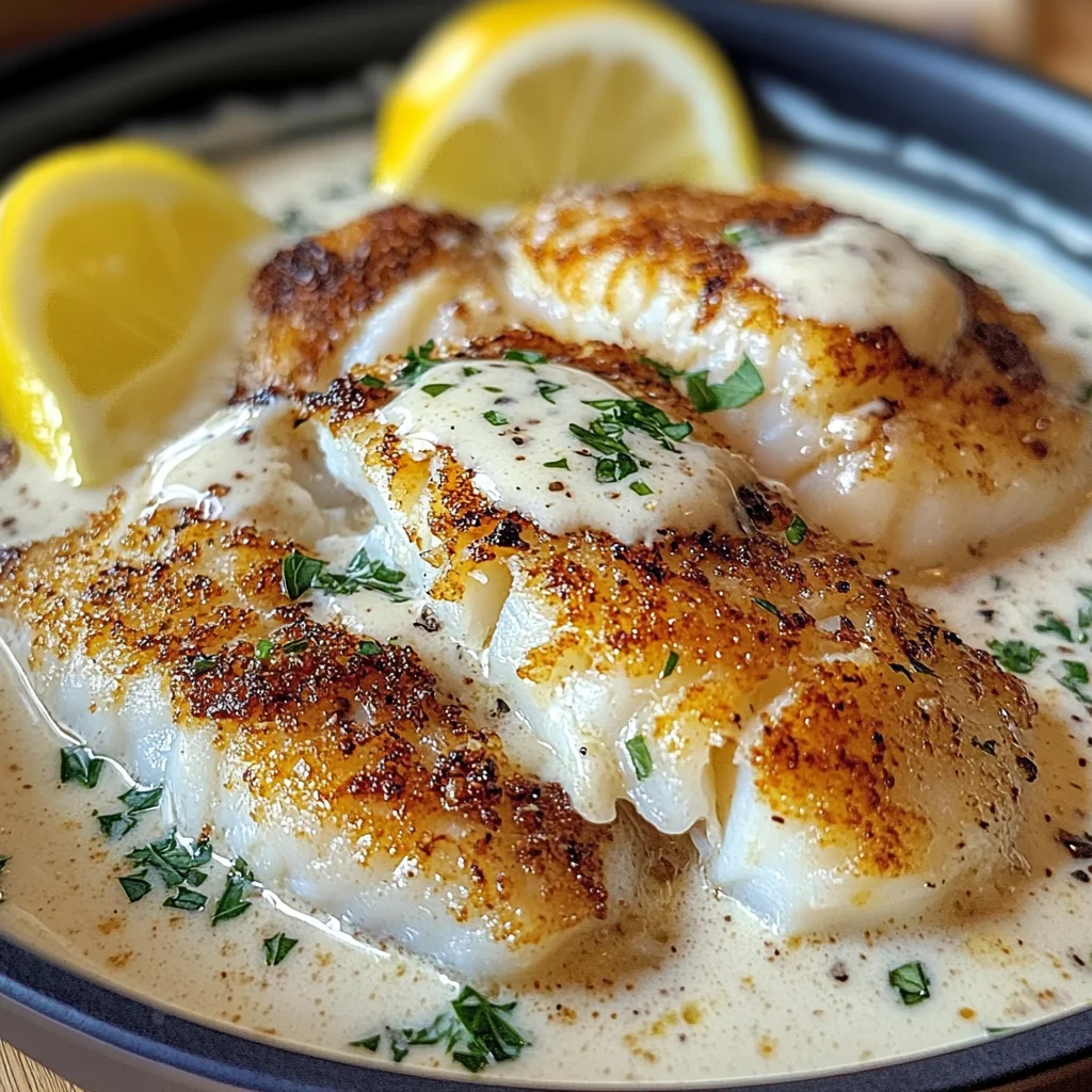 Baked Cod With Creamy Garlic Sauce & Lemon