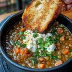 French Lentil Soup With Crispy Bread And Feta