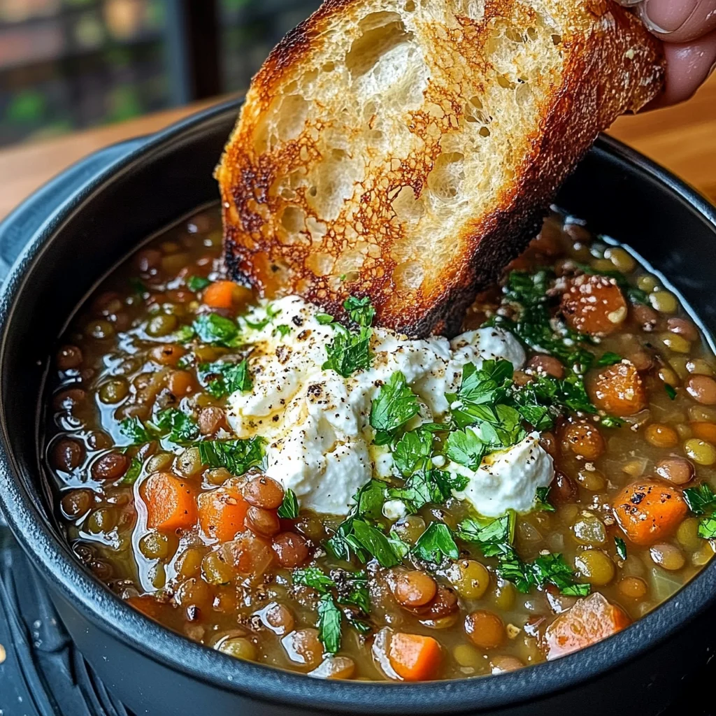 French Lentil Soup With Crispy Bread And Feta