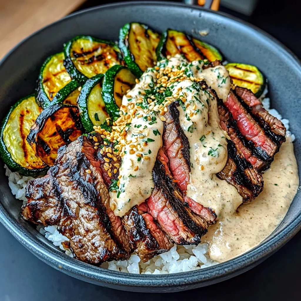 Grilled Steak Bowl With Creamy Sauce & Grilled Zucchini