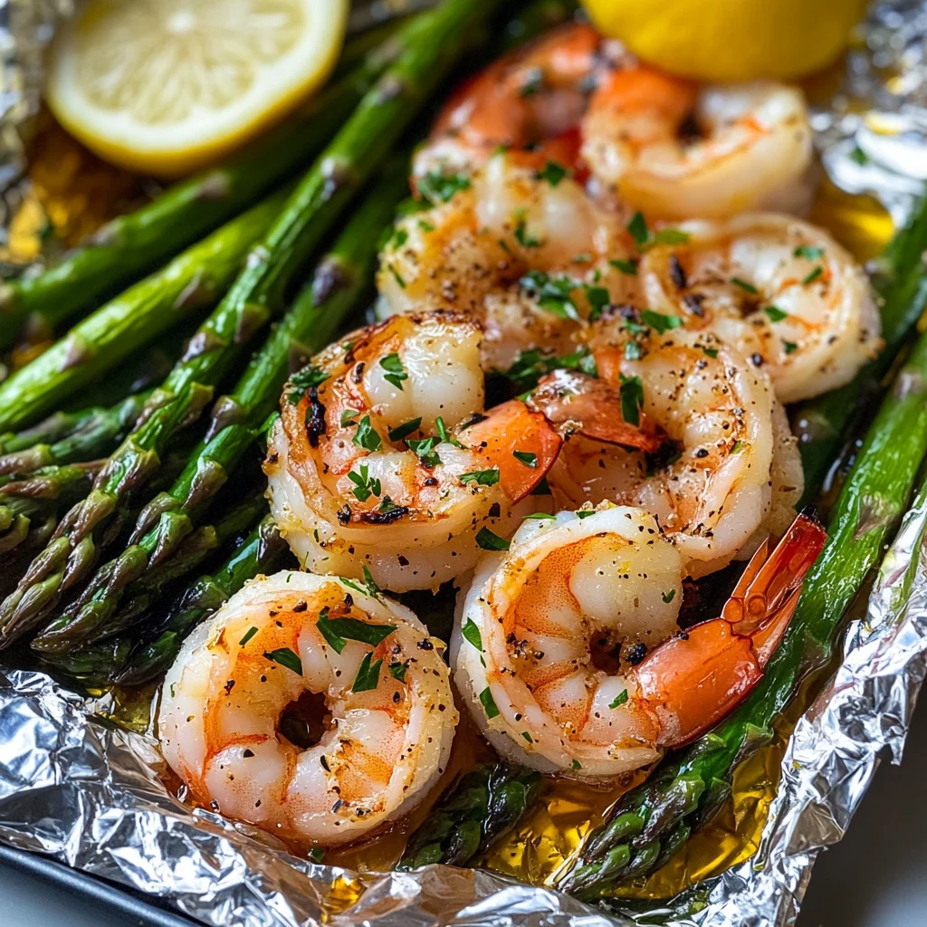 Shrimp and Asparagus Foil Packs with Garlic Lemon Butter Sauce