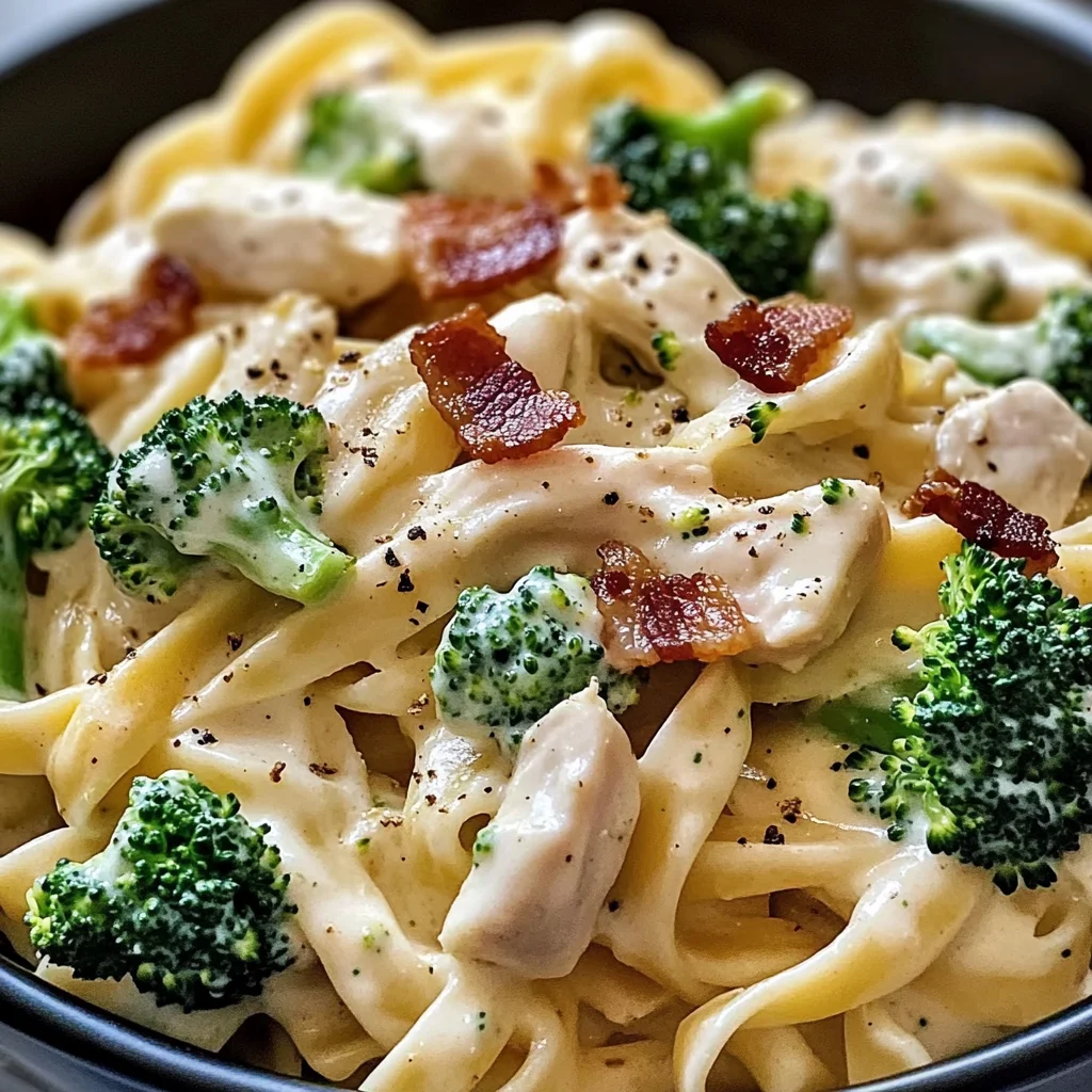 Chicken Bacon Alfredo Fettuccine with Broccoli