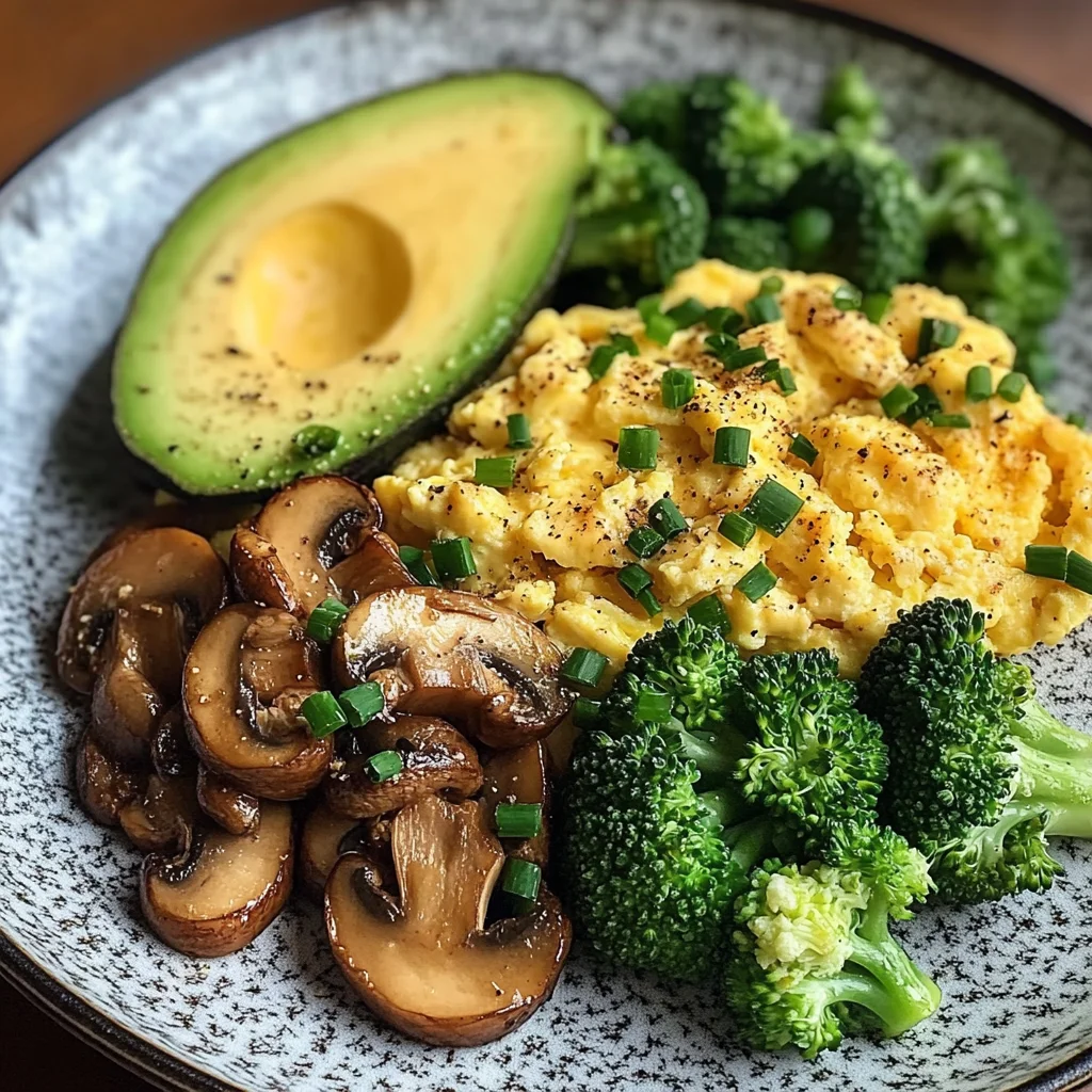 Creamy Scrambled Eggs with Avocado, Sautéed Mushrooms & Broccoli