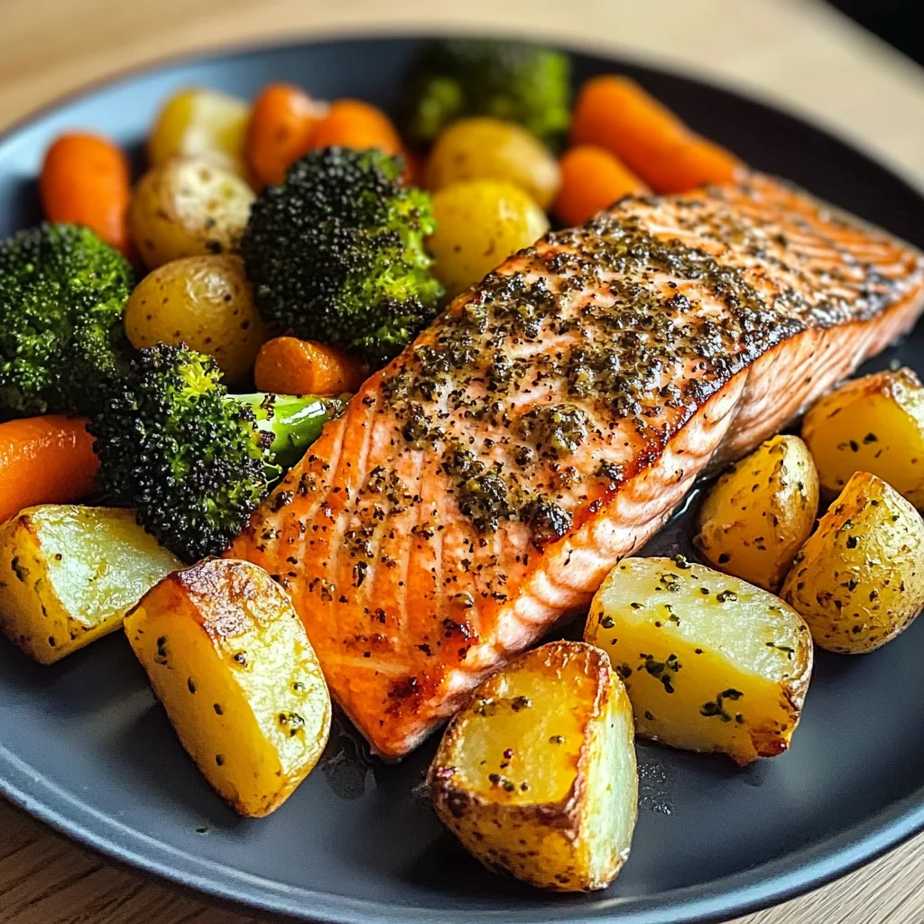 Garlic Salmon with Herbed Potatoes, Carrots & Broccoli
