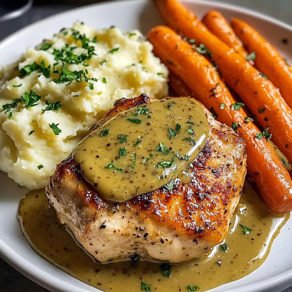 Herb Chicken with Creamy Mustard Sauce, Mashed Potatoes & Glazed Carrots