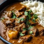 Slow-Cooked Beef Curry in Coconut Gravy with Toasted Garlic Naan
