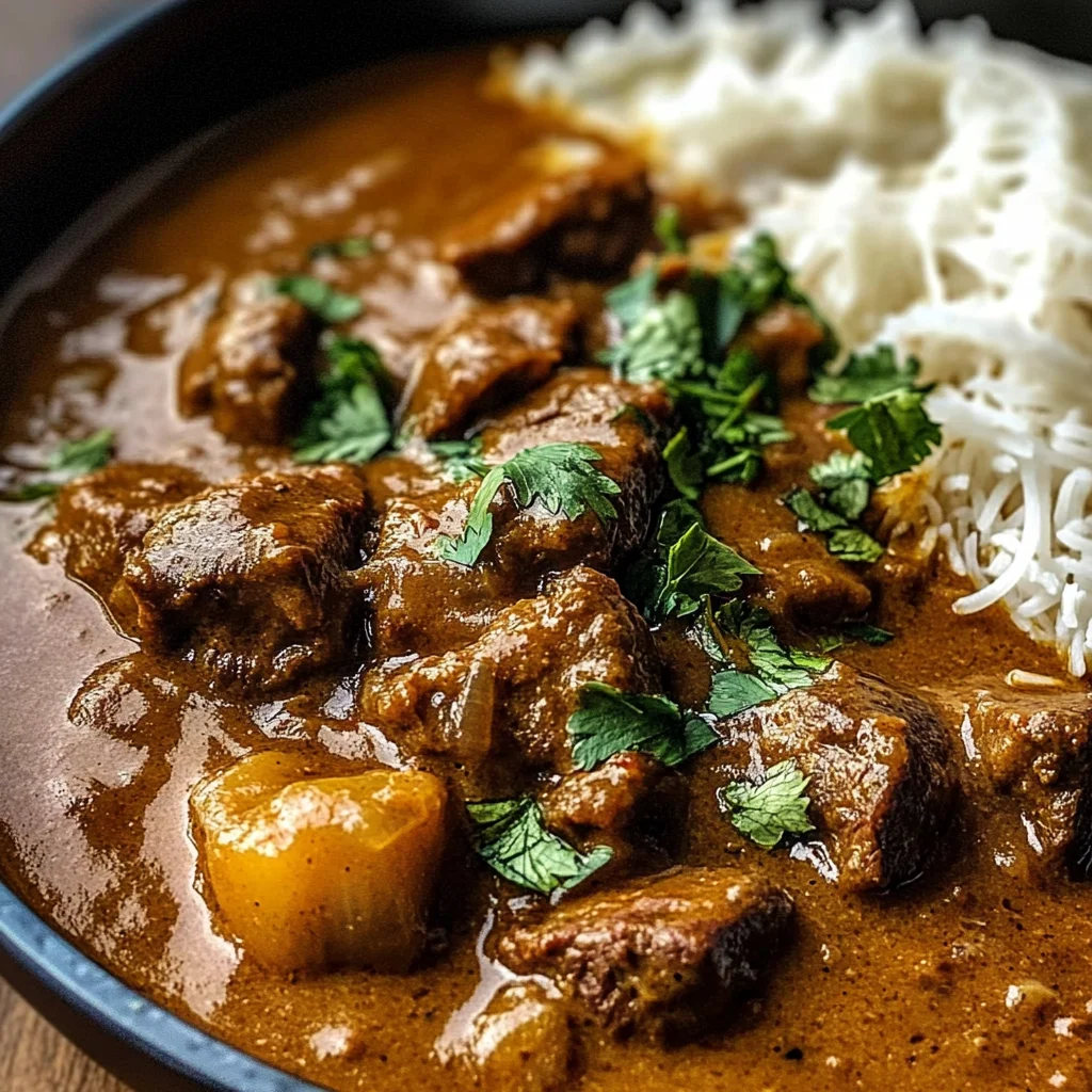 Slow-Cooked Beef Curry in Coconut Gravy with Toasted Garlic Naan