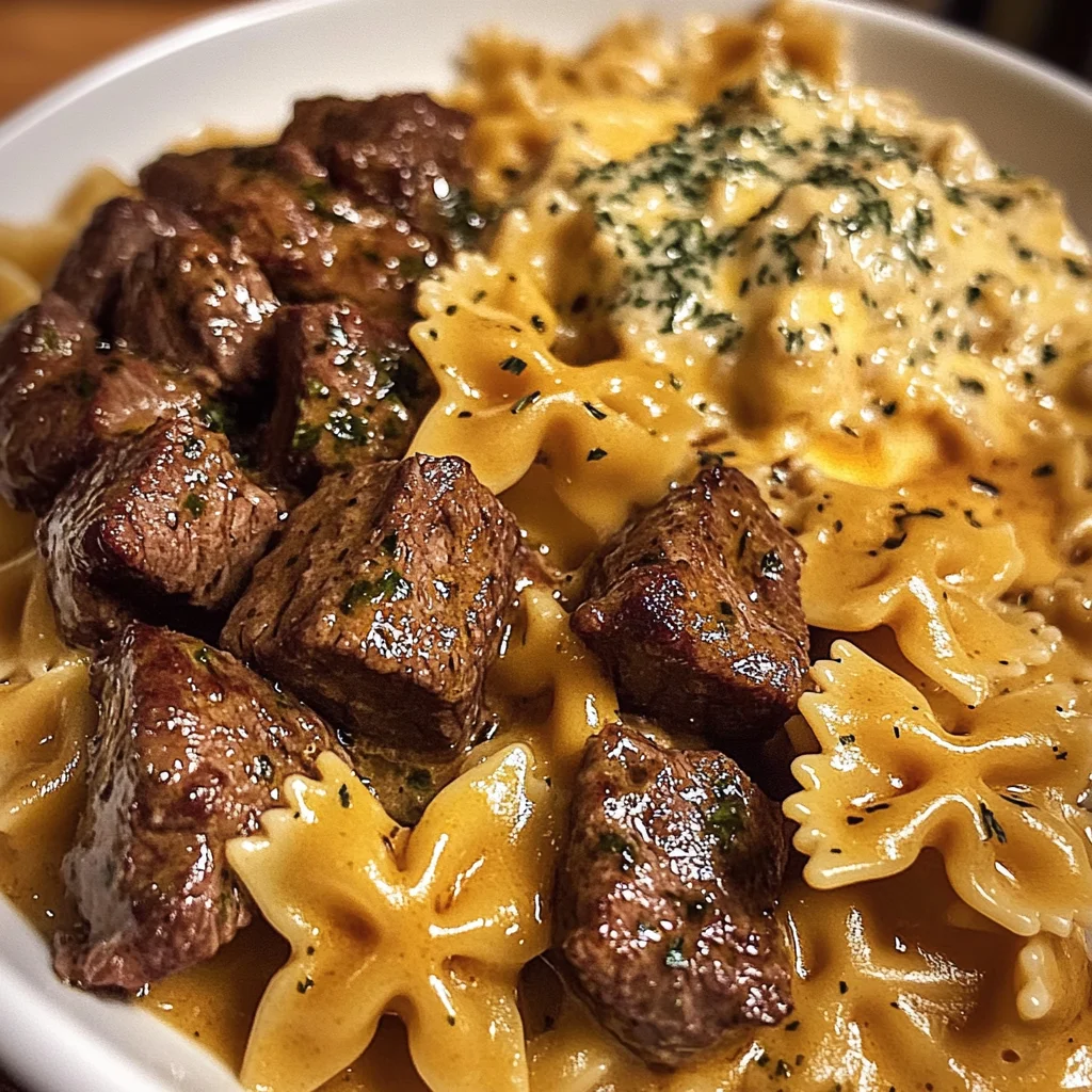 Beef and Bowtie Pasta in Cheddar Sauce