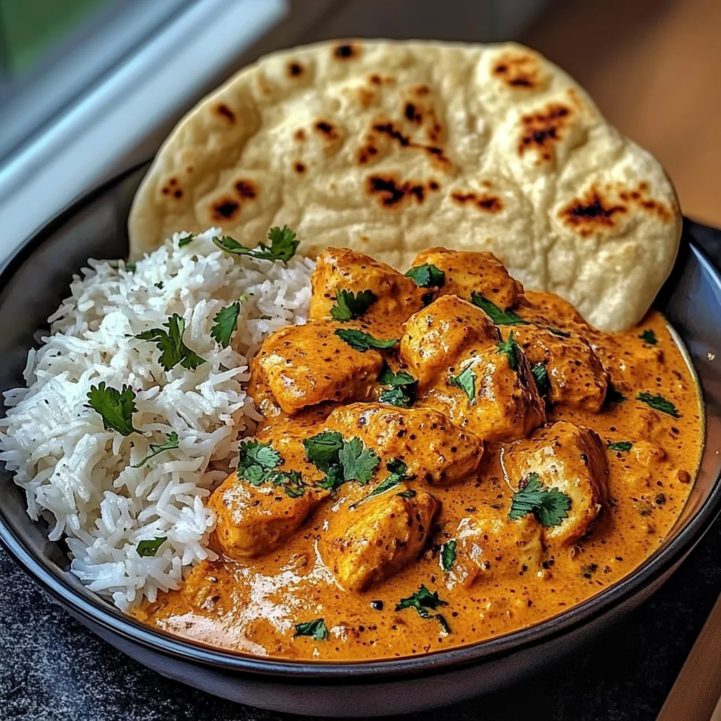 Butter Chicken with Coriander, Rice, and Naan