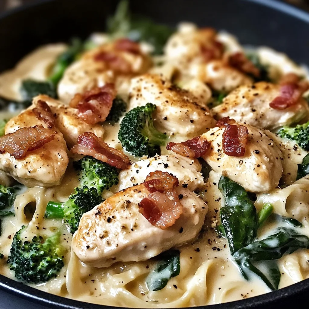 Creamy Garlic Butter Chicken Alfredo with Spinach, Bacon & Broccoli