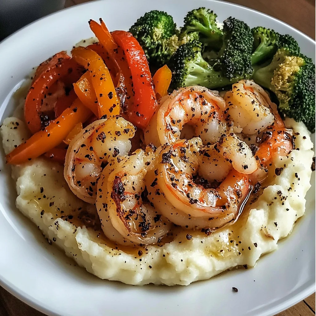 Garlic Butter Shrimp with Sautéed Veggies & Creamy Mashed Potatoes