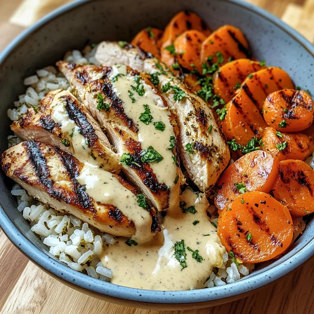 Grilled Chicken Bowl with Herbed Rice, Glazed Carrots & Creamy Sauce