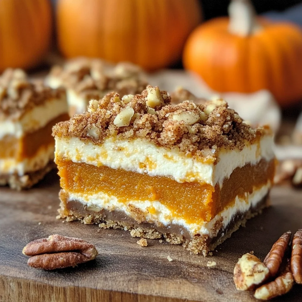Pumpkin Cheesecake Bars with Walnut Crust and Streusel Topping