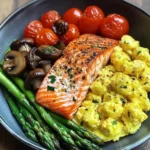 Salmon Power Bowl with Scrambled Eggs, Asparagus & Sauted Mushrooms