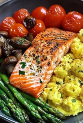 Salmon Power Bowl with Scrambled Eggs, Asparagus & Sauted Mushrooms